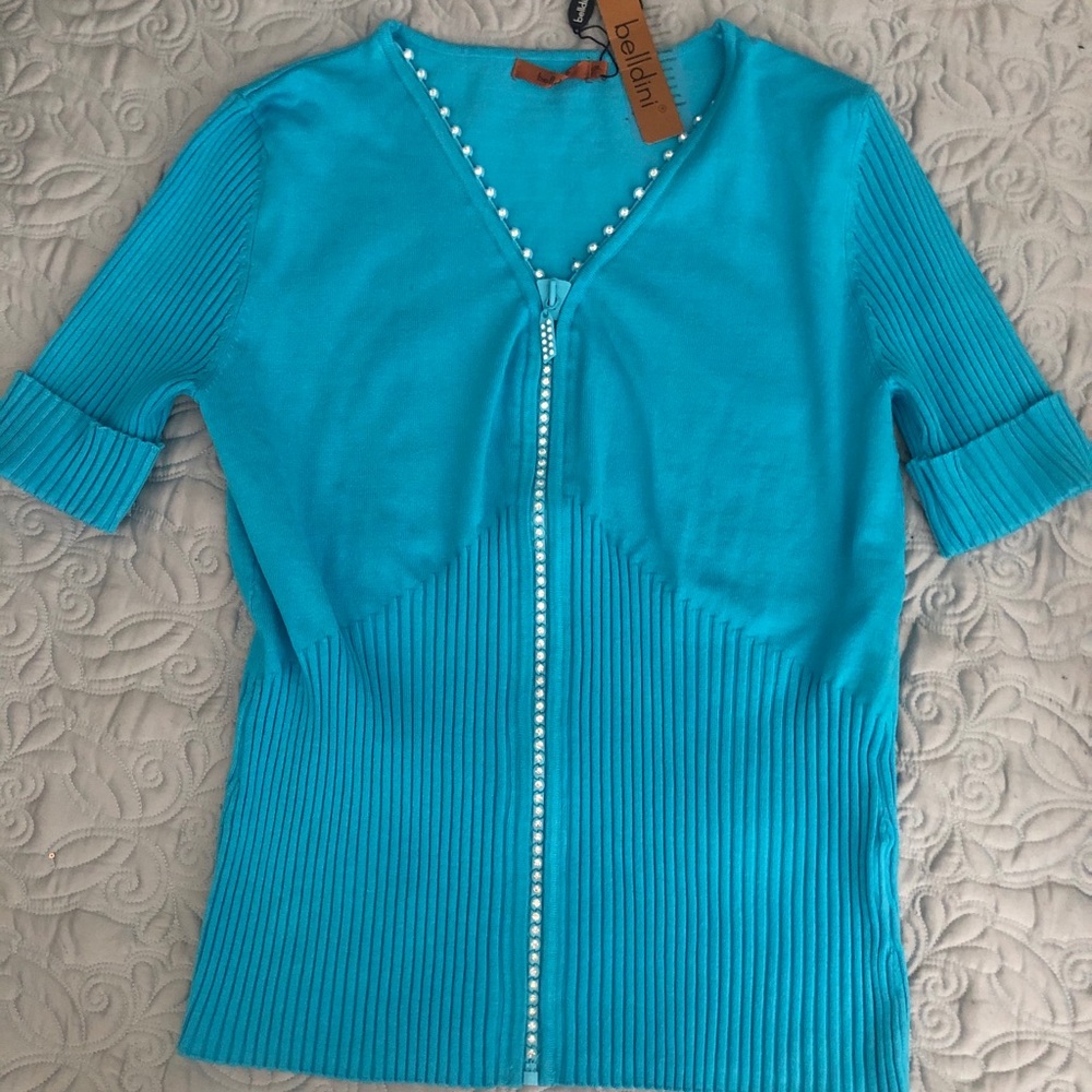 Turquoise Bling Short Sleeve Full-Zip Sweater